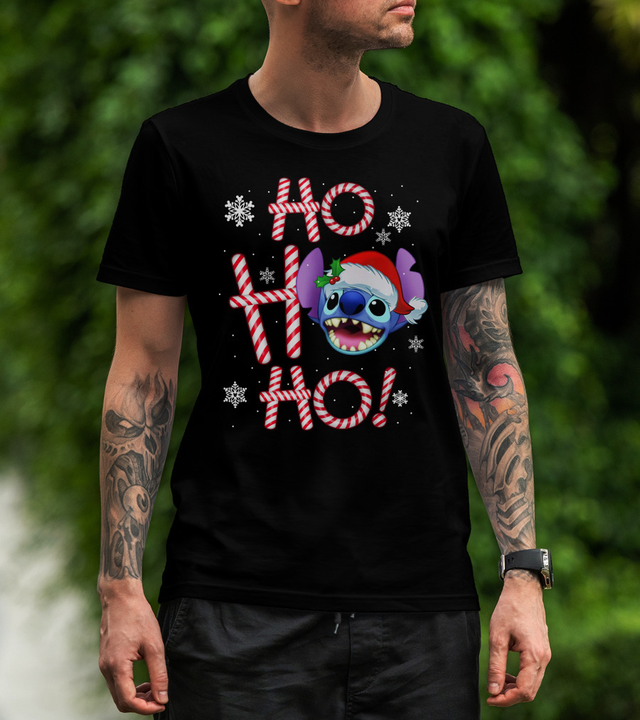 Ho Ho Ho Stitch Santa Hat Snowflakes Candy Cane T-Shirt