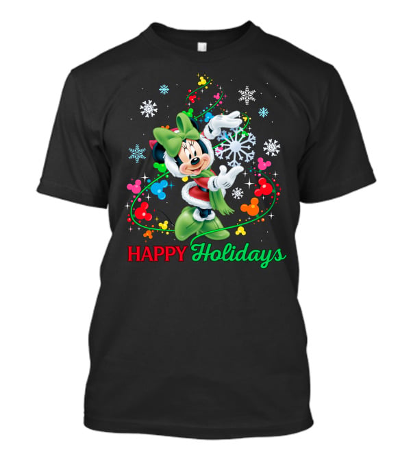 Happy Holidays Minnie Snowflakes And Colorful Mickey Icons T-Shirt