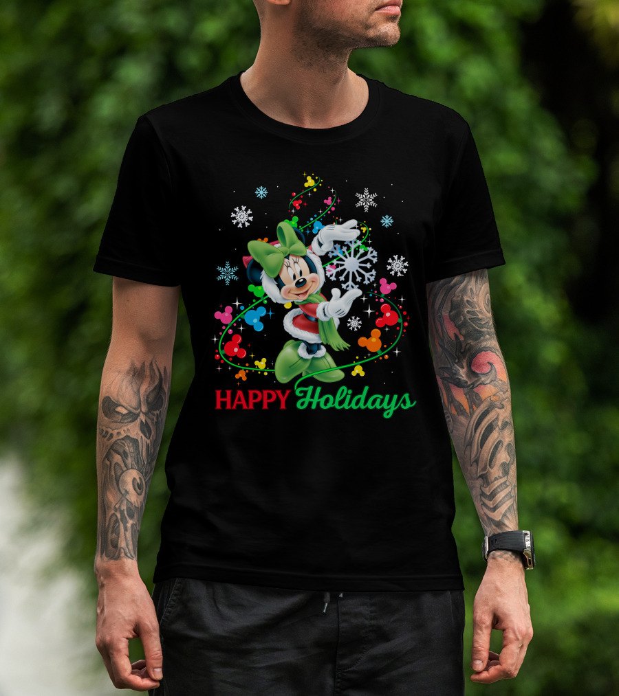 Happy Holidays Minnie Snowflakes And Colorful Mickey Icons T-Shirt