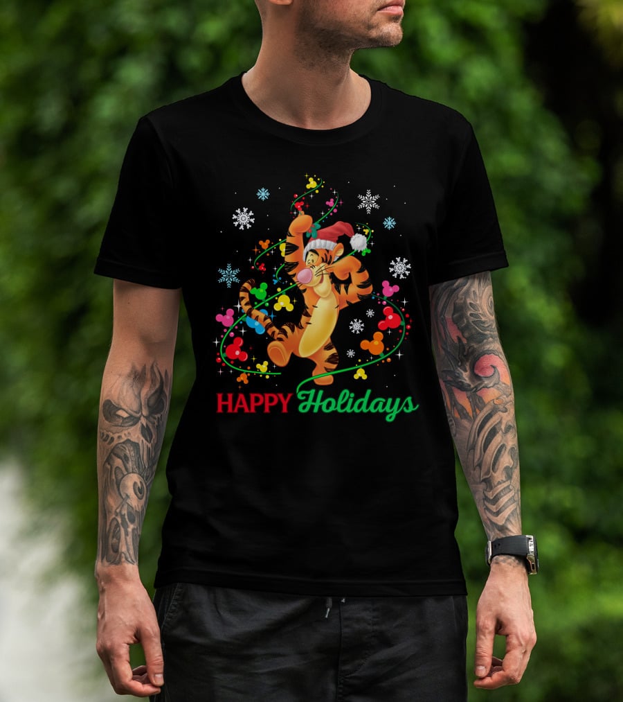 Tigger Happy Holidays Santa Hat Colorful Ornaments Mickey Mouse Ears Snowflakes T-Shirt