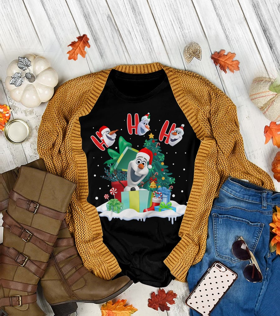 Olaf Christmas Santa Hat Presents Snowman Festive Holiday Tree Ho Ho Ho T-Shirt