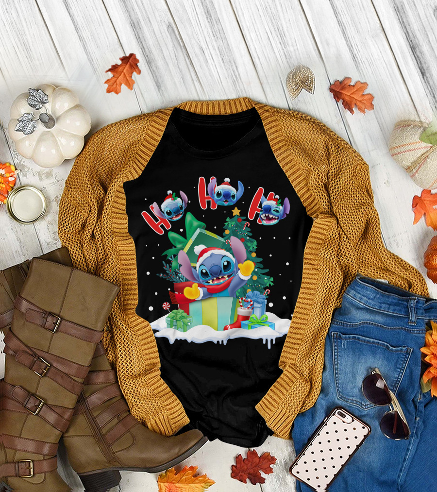 Stitch Holiday Ho Ho Ho Christmas Tree Presents T-Shirt