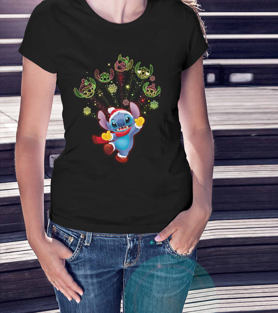 Stitch Holiday Festive Celebration With Santa Hat And Colorful Lights T-Shirt