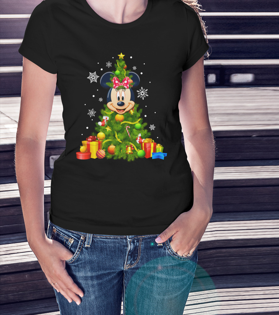 Minnie Mouse Christmas Tree With Gifts And Snowflakes T-Shirt
