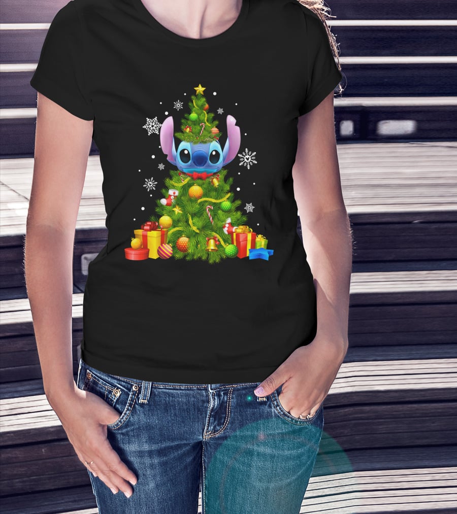 Stitch Christmas Tree With Gifts And Snowflakes T-Shirt