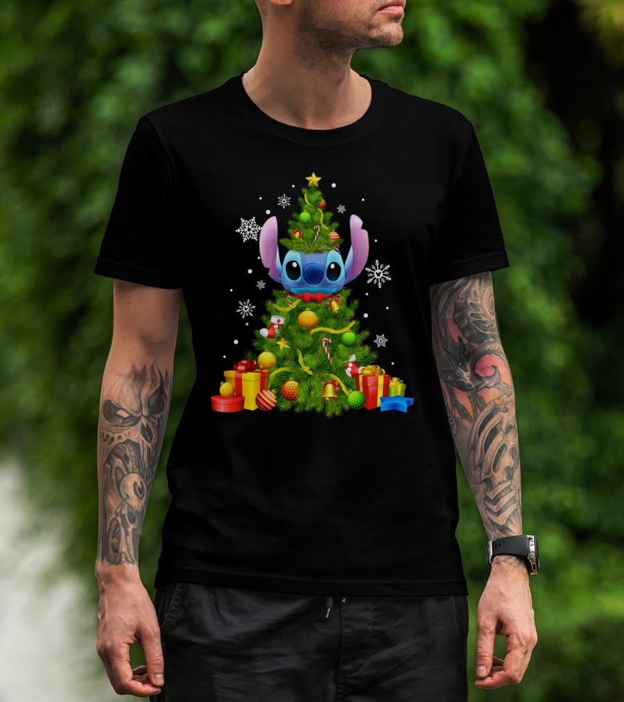Stitch Christmas Tree With Gifts And Snowflakes T-Shirt