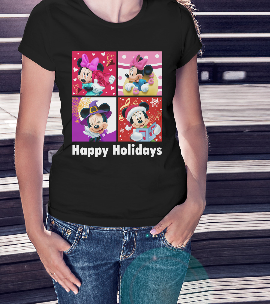 Minnie Happy Holidays With Hearts Bows Witch Hat Santa Hat And Gifts T-Shirt