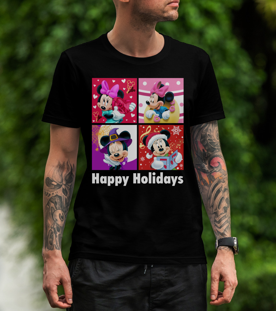 Minnie Happy Holidays With Hearts Bows Witch Hat Santa Hat And Gifts T-Shirt