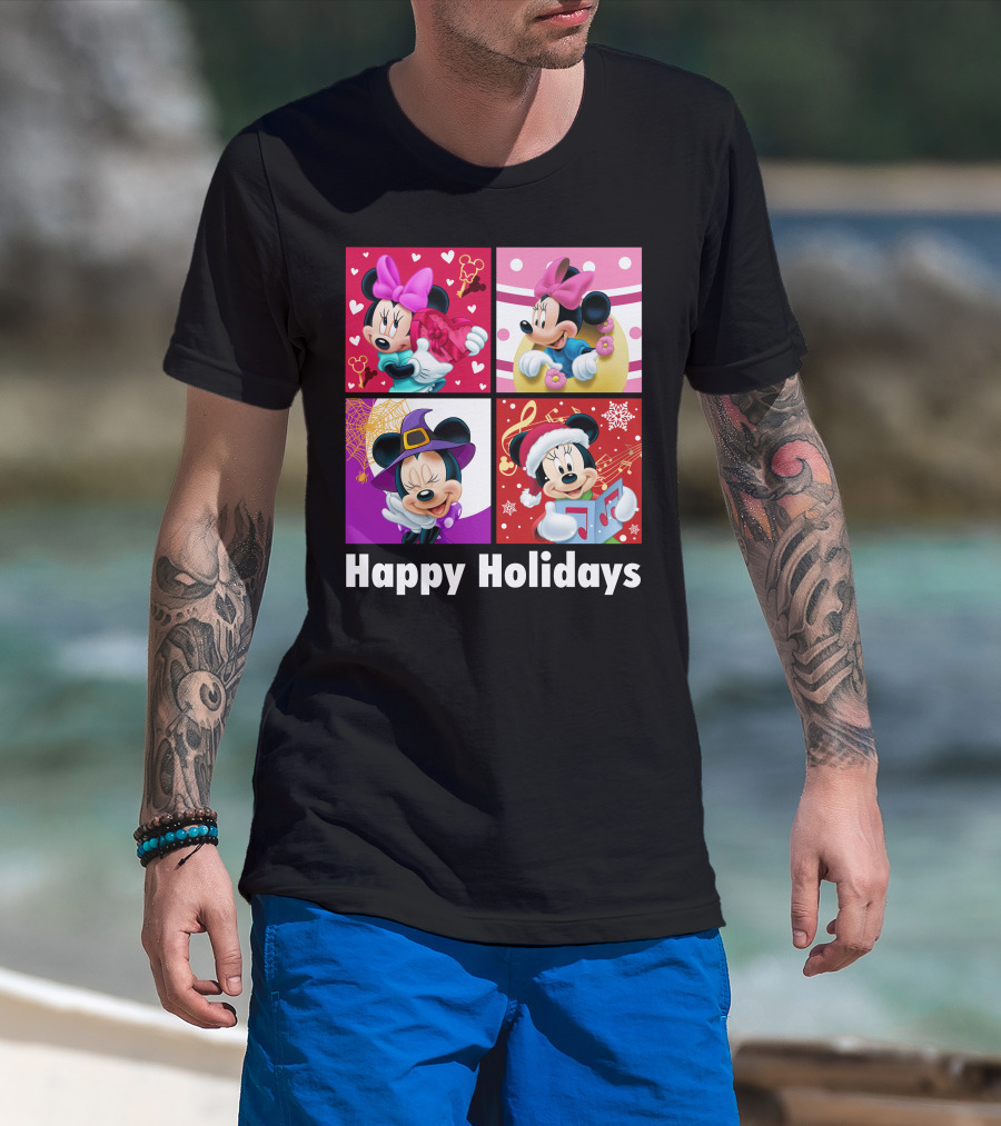 Minnie Happy Holidays With Hearts Bows Witch Hat Santa Hat And Gifts T-Shirt