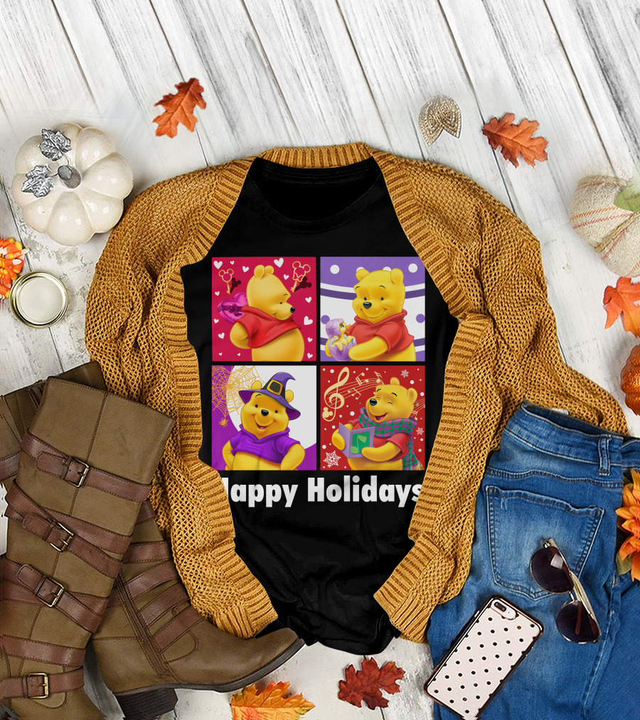 Happy Holidays Pooh Bear Festive Seasonal Celebrations T-Shirt