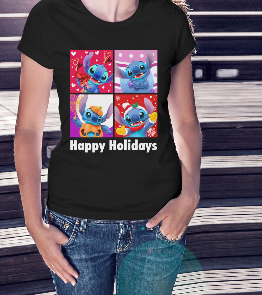 Happy Holidays Stitch Seasonal Mickey Hearts Christmas Pumpkin T-Shirt