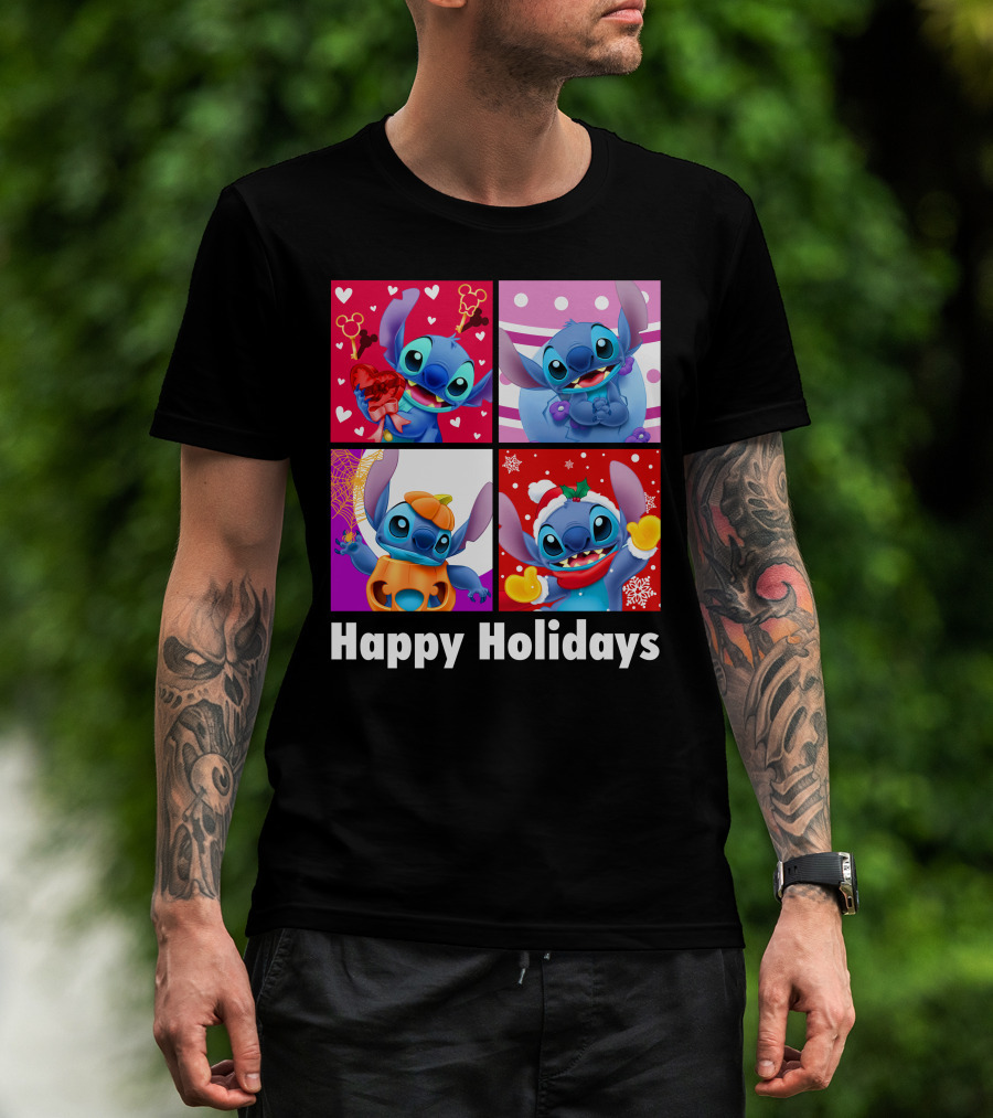 Happy Holidays Stitch Seasonal Mickey Hearts Christmas Pumpkin T-Shirt