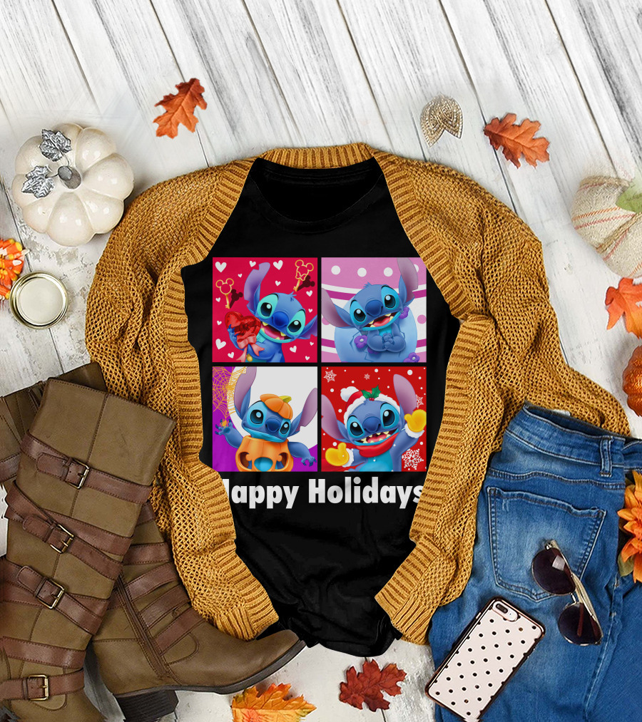 Happy Holidays Stitch Seasonal Mickey Hearts Christmas Pumpkin T-Shirt