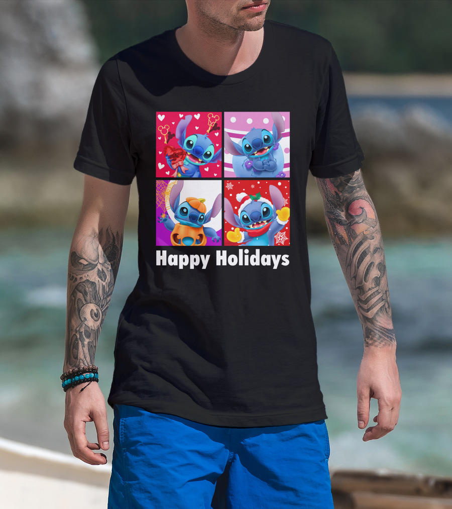 Happy Holidays Stitch Seasonal Mickey Hearts Christmas Pumpkin T-Shirt