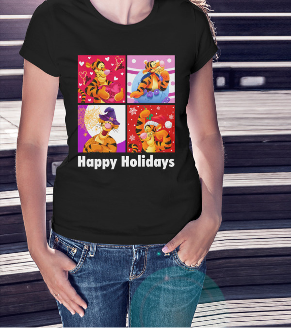 Happy Holidays Tigger Mickey Hearts Santa Halloween T-Shirt