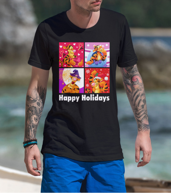 Happy Holidays Tigger Mickey Hearts Santa Halloween T-Shirt