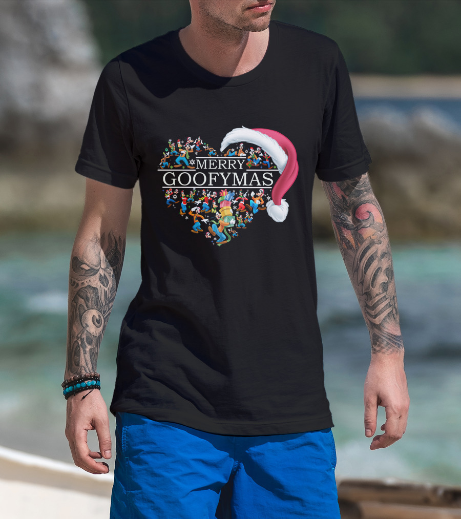 Merry Goofymas Santa Hat Heart Design With Goofy Characters T-Shirt