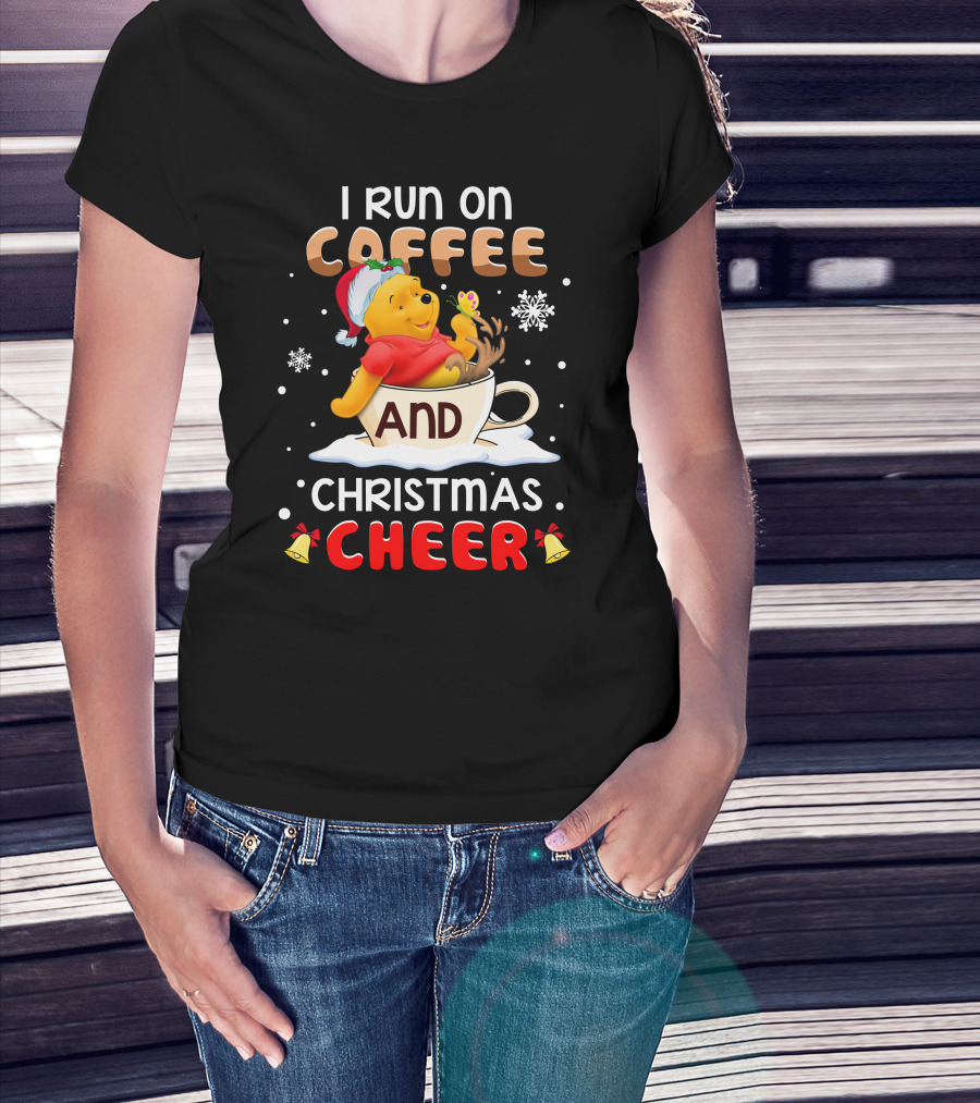 I Run On Coffee And Christmas Cheer Snowflakes Bells Santa Hat Cup Cartoon Bear T-Shirt