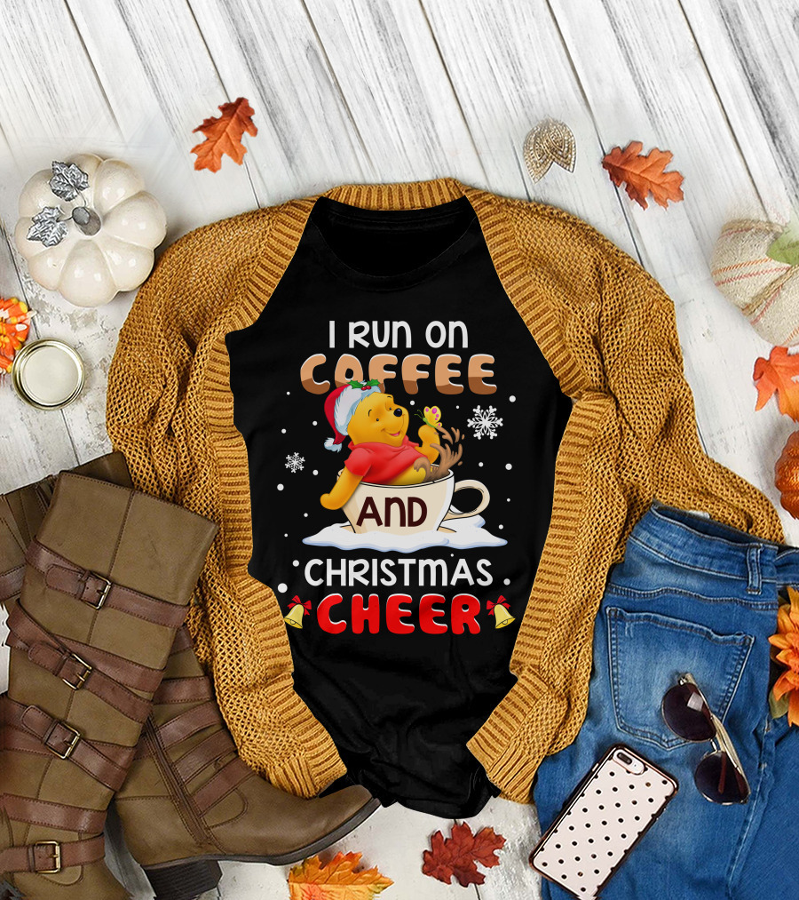 I Run On Coffee And Christmas Cheer Snowflakes Bells Santa Hat Cup Cartoon Bear T-Shirt