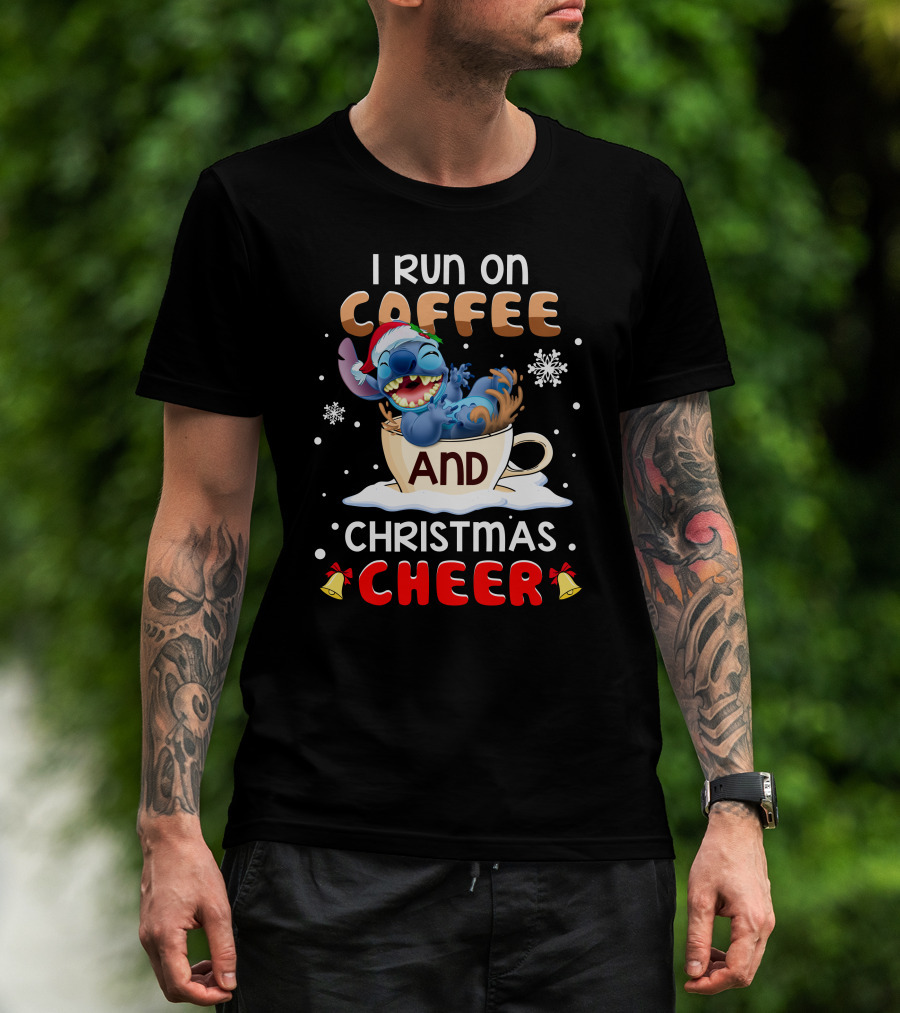 I Run On Coffee And Christmas Cheer Stitch Santa Hat Snowflakes Holiday T-Shirt