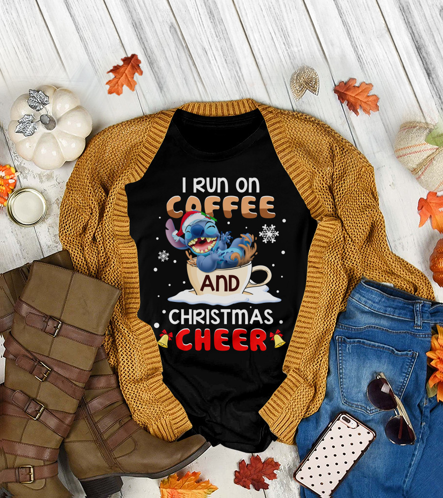 I Run On Coffee And Christmas Cheer Stitch Santa Hat Snowflakes Holiday T-Shirt