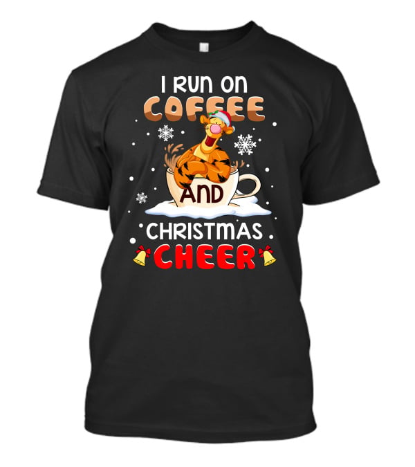 I Run On Coffee And Christmas Cheer Tigger Holiday Santa Hat Snowflakes Bells T-Shirt