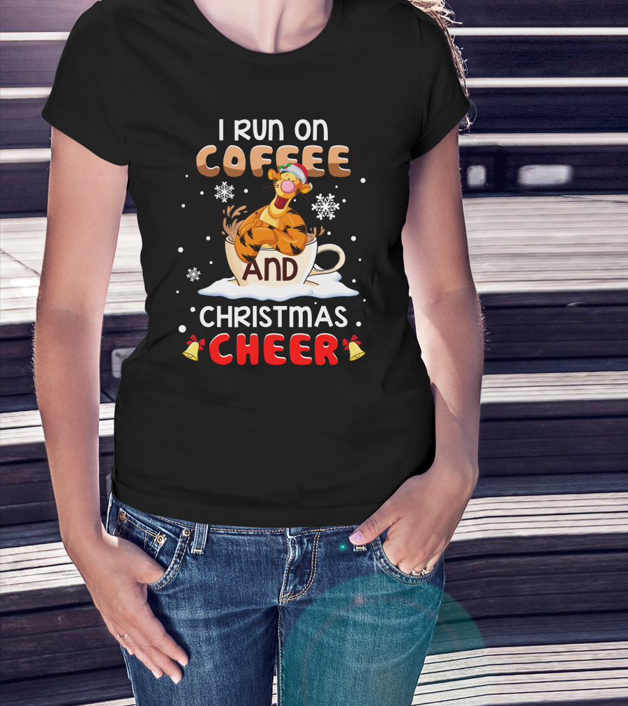 I Run On Coffee And Christmas Cheer Tigger Holiday Santa Hat Snowflakes Bells T-Shirt
