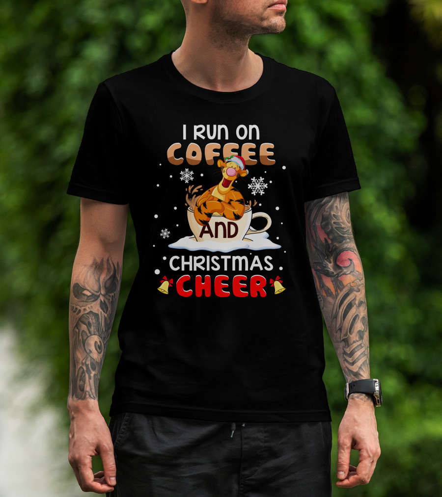 I Run On Coffee And Christmas Cheer Tigger Holiday Santa Hat Snowflakes Bells T-Shirt