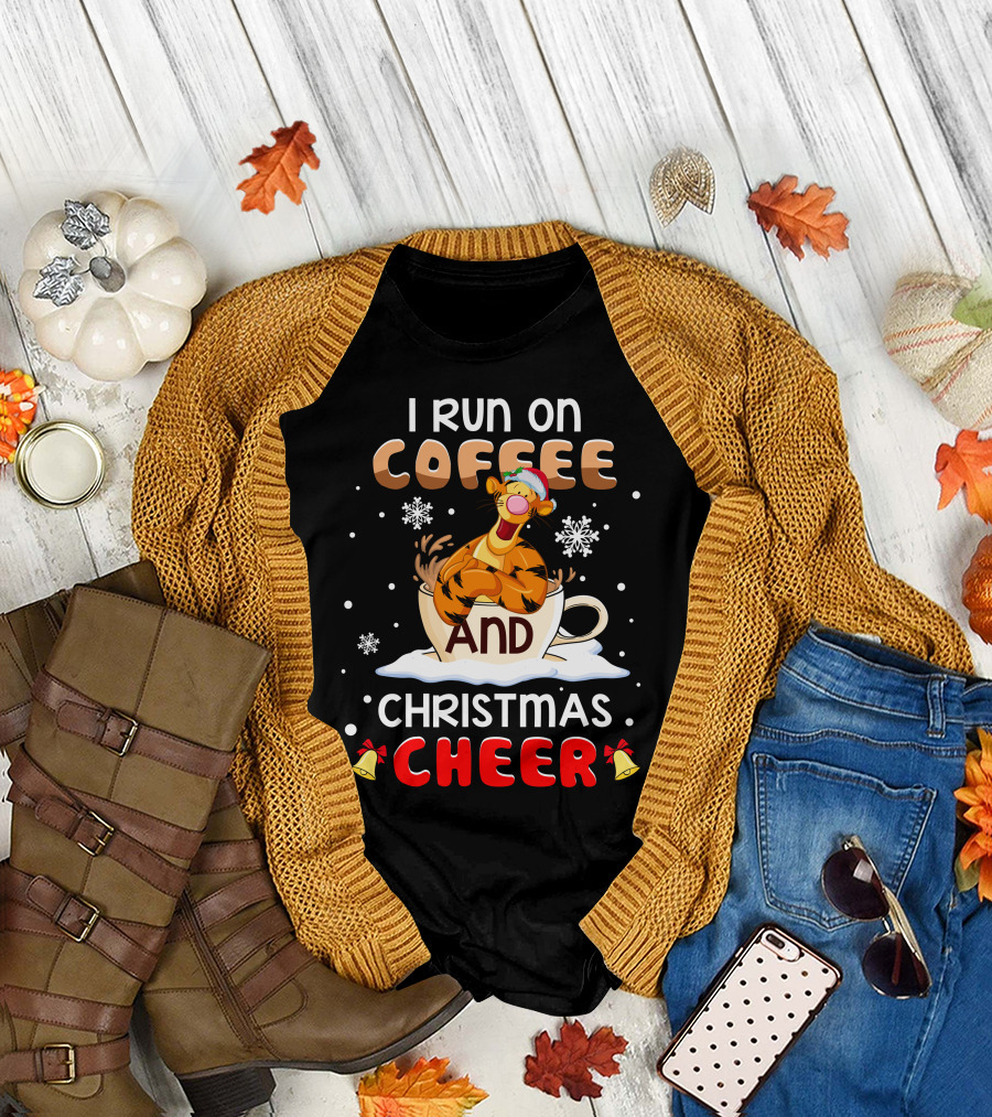 I Run On Coffee And Christmas Cheer Tigger Holiday Santa Hat Snowflakes Bells T-Shirt