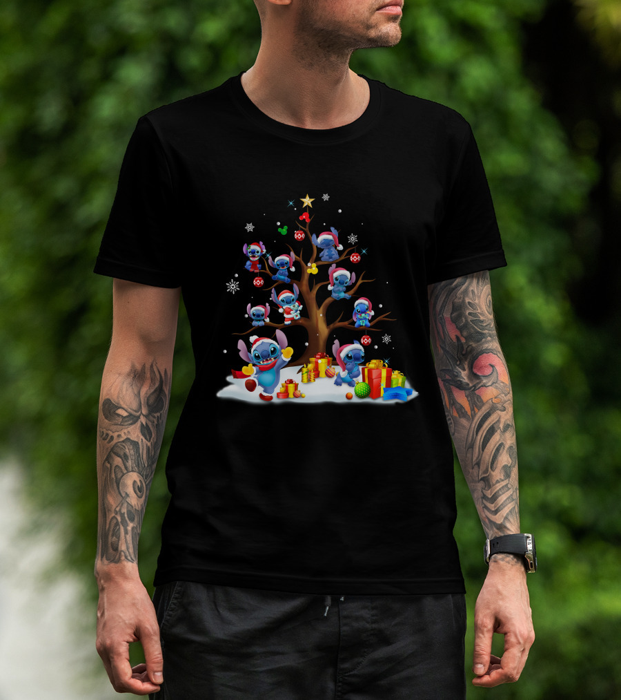 Stitch Christmas Tree With Santa Hats And Gifts T-Shirt
