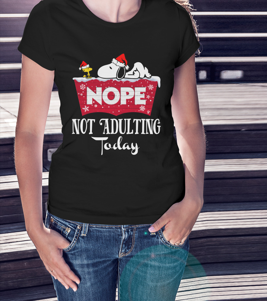 Snoopy Nope Not Adulting Today Christmas Santa Hat Snowflakes T-Shirt