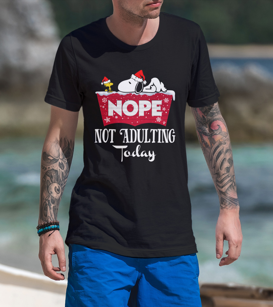 Snoopy Nope Not Adulting Today Christmas Santa Hat Snowflakes T-Shirt