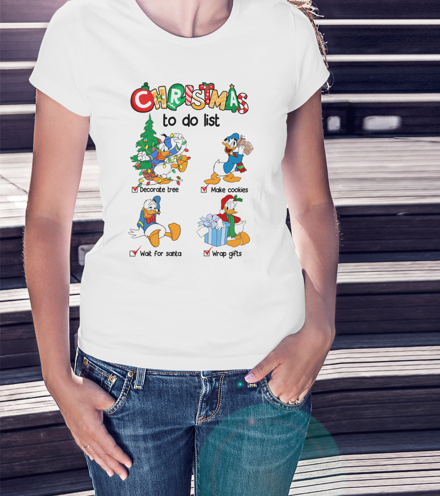 Christmas To Do List Donald Duck Decorate Tree Make Cookies Wait For Santa Wrap Gifts T-Shirt