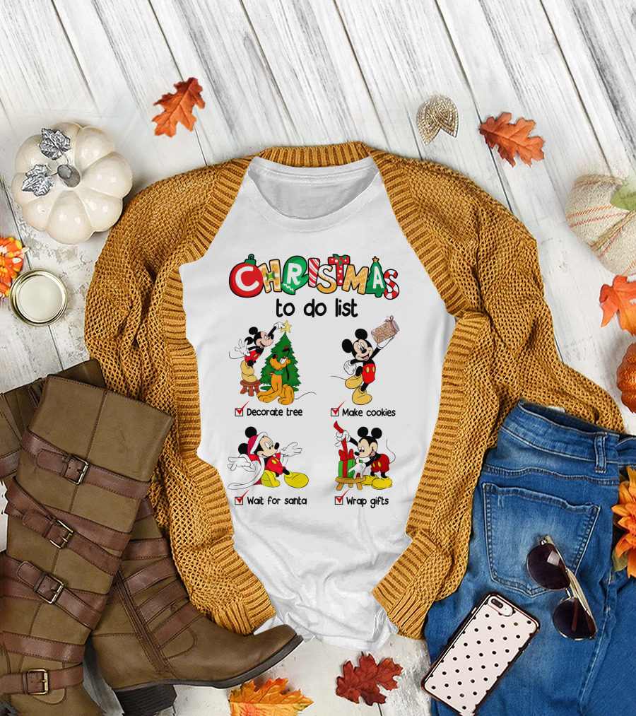 Christmas To Do List Mickey Decorate Tree Make Cookies Wait For Santa Wrap Gifts T-Shirt