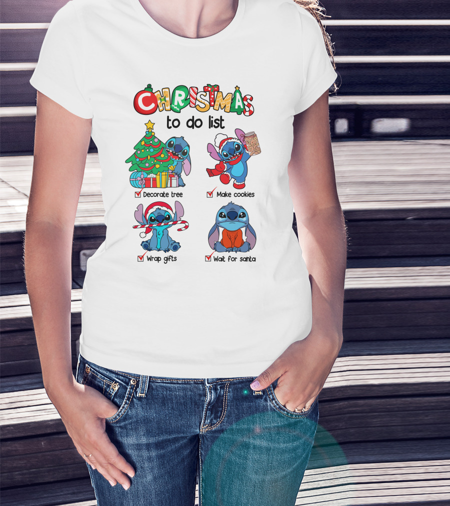 Christmas To Do List Decorate Tree Make Cookies Wrap Gifts Wait For Santa Stitch T-Shirt
