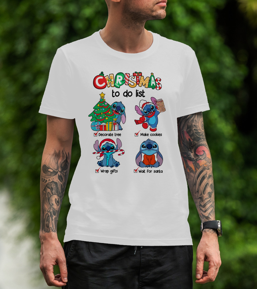Christmas To Do List Decorate Tree Make Cookies Wrap Gifts Wait For Santa Stitch T-Shirt
