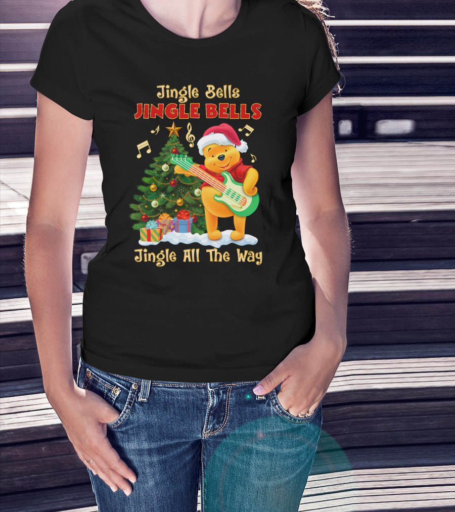 Jingle Bells Jingle Bells Jingle All The Way Christmas Tree Music Notes Pooh Santa Hat Guitar T-Shirt