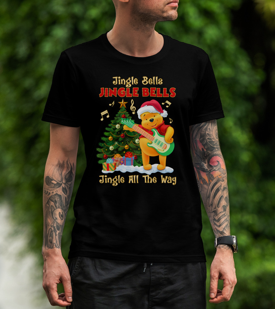 Jingle Bells Jingle Bells Jingle All The Way Christmas Tree Music Notes Pooh Santa Hat Guitar T-Shirt