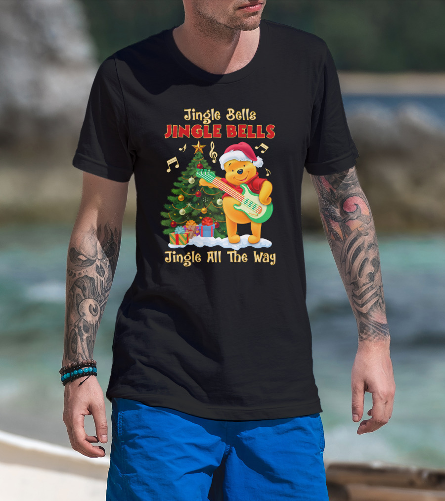 Jingle Bells Jingle Bells Jingle All The Way Christmas Tree Music Notes Pooh Santa Hat Guitar T-Shirt