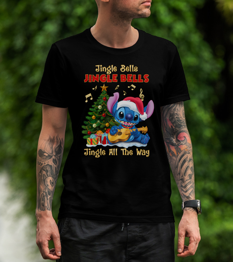 Jingle Bells Jingle Bells Jingle All The Way Stitch Christmas Tree Ukulele T-Shirt