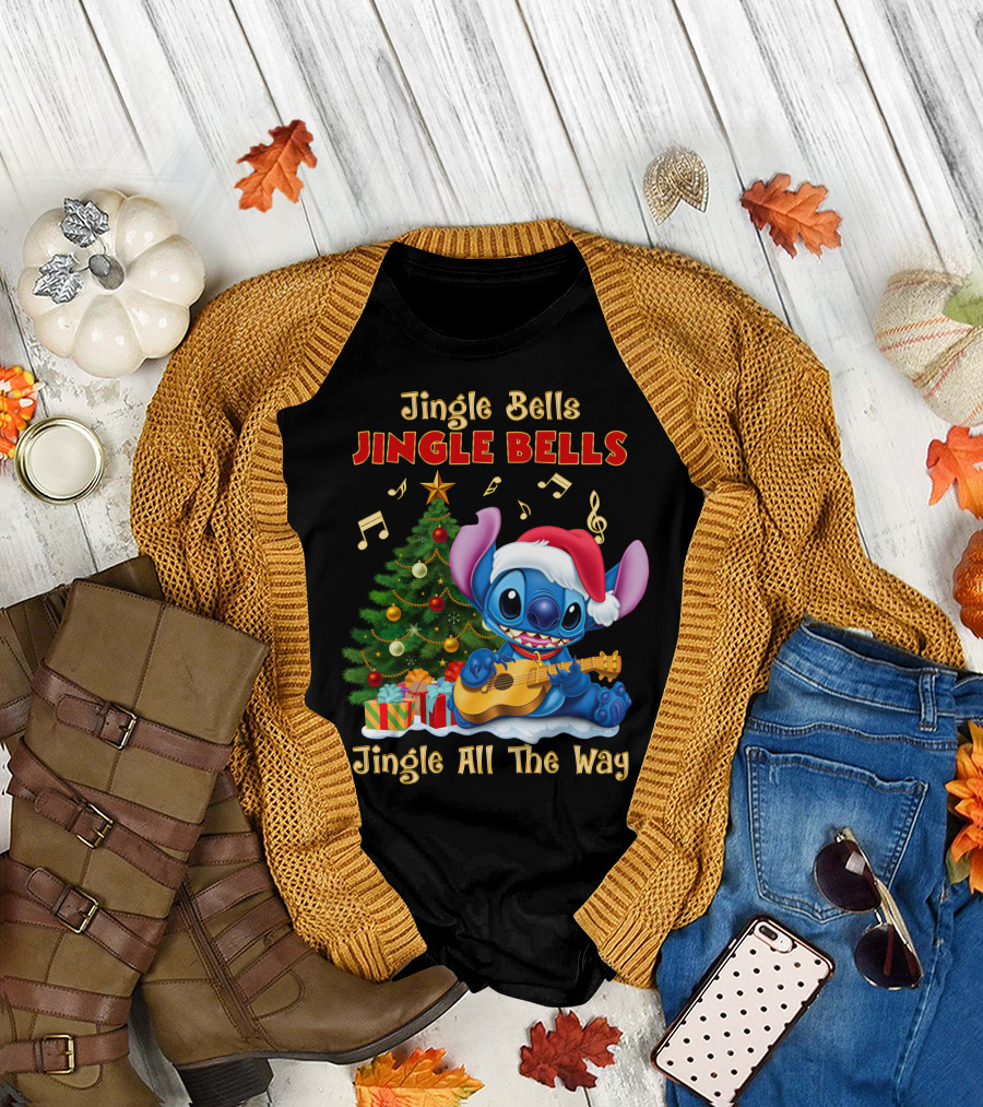 Jingle Bells Jingle Bells Jingle All The Way Stitch Christmas Tree Ukulele T-Shirt