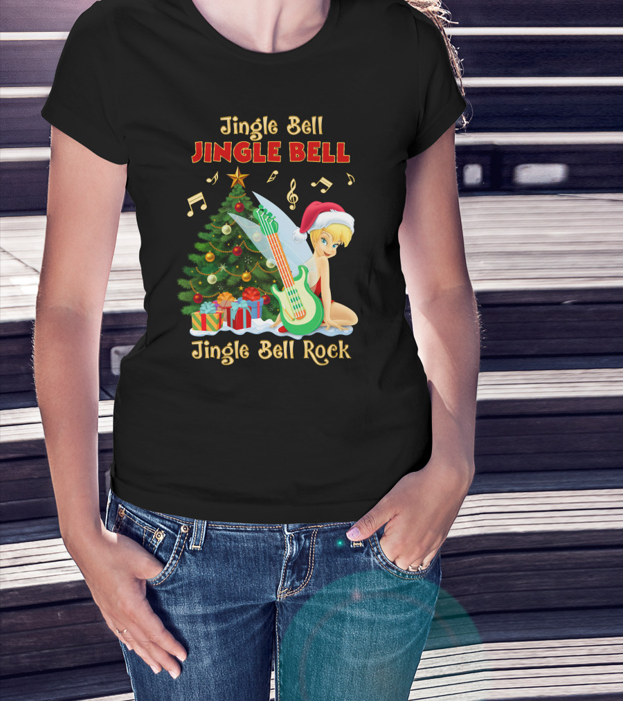 Jingle Bell Jingle Bell Jingle Bell Rock Christmas Tinkerbell Santa Hat Guitar Tree Music T-Shirt