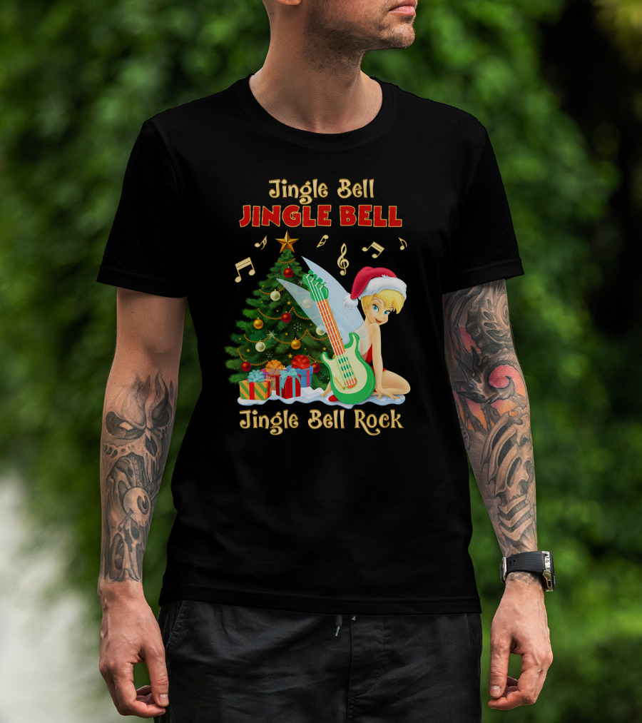Jingle Bell Jingle Bell Jingle Bell Rock Christmas Tinkerbell Santa Hat Guitar Tree Music T-Shirt