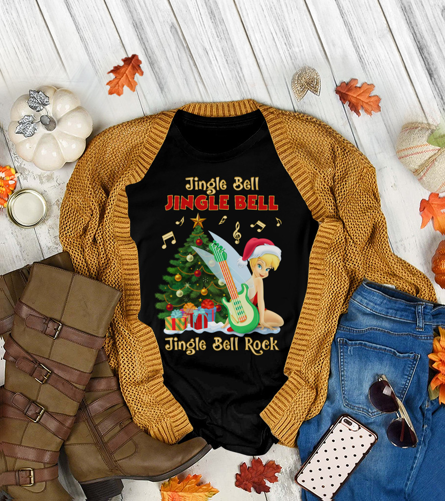 Jingle Bell Jingle Bell Jingle Bell Rock Christmas Tinkerbell Santa Hat Guitar Tree Music T-Shirt