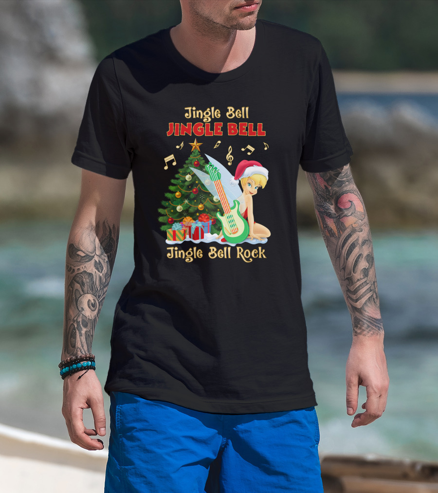 Jingle Bell Jingle Bell Jingle Bell Rock Christmas Tinkerbell Santa Hat Guitar Tree Music T-Shirt