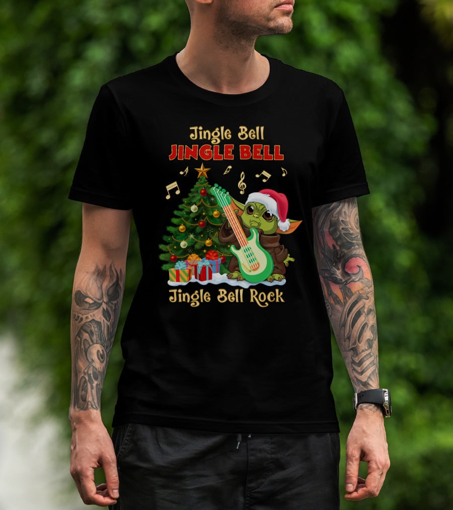 Jingle Bell Jingle Bell Rock Christmas Tree Yoda Santa Hat Guitar Music Notes T-Shirt