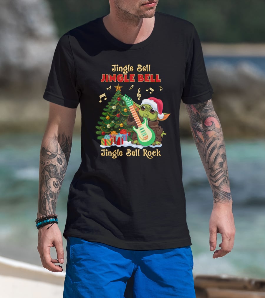 Jingle Bell Jingle Bell Rock Christmas Tree Yoda Santa Hat Guitar Music Notes T-Shirt