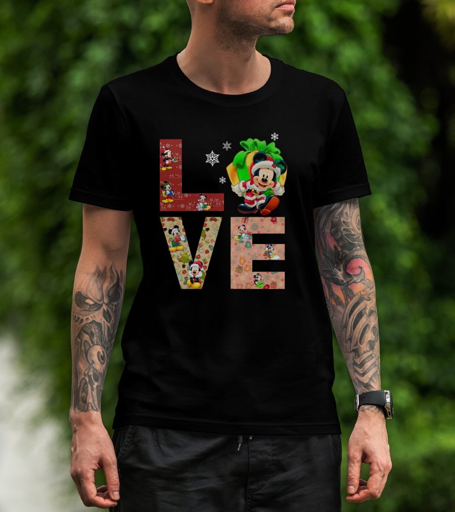 Love Mickey Mouse Christmas Santa Hat Snowflake T-Shirt