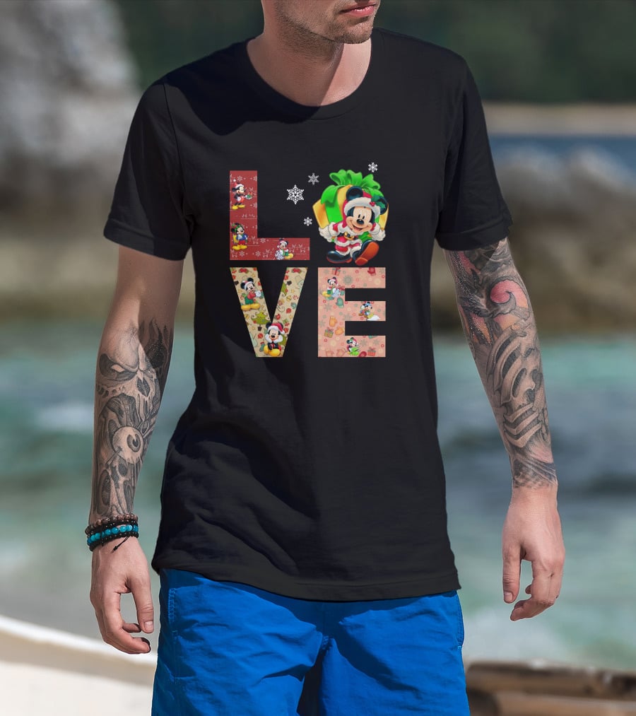 Love Mickey Mouse Christmas Santa Hat Snowflake T-Shirt