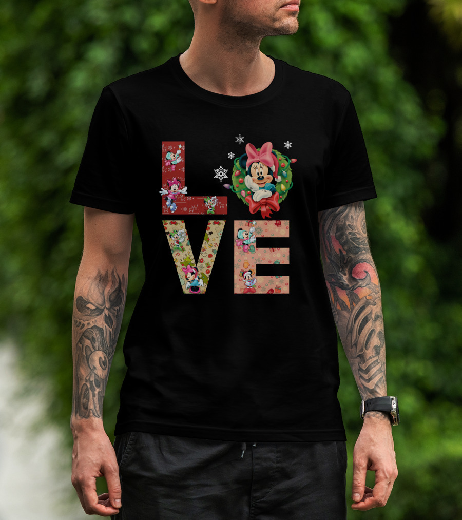 Minnie Mouse Christmas Love Snowflakes Holiday Wreath T-Shirt